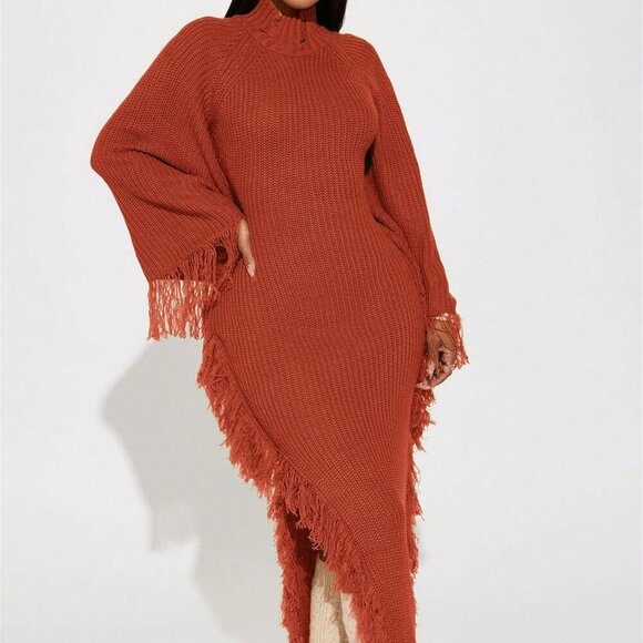Rust Brown Casual Women's Fringe Trim Batwing Sweater maxi Dress - Picture 2 of 5